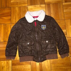 Brown and White Puffer Jacket with Faux Fur Collar